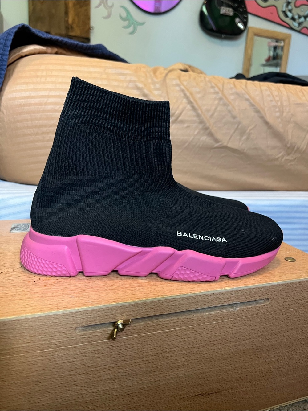 Balenciaga Black Knit Sock Sneakers with Pink Sole